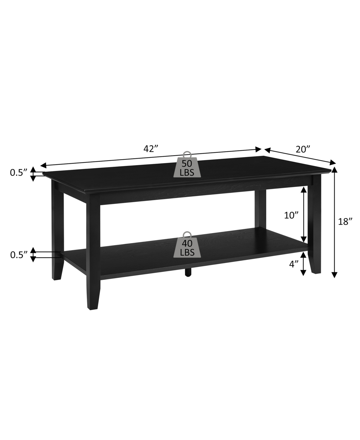 Convenience Concepts 20" Wood American Heritage Rectangle Coffee Table In Black
