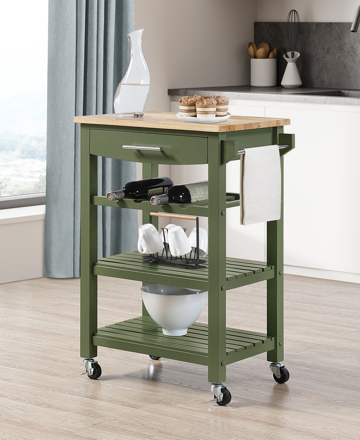 Convenience Concepts 24.75" Rubberwood Ellaine 4-tier Butcher Block Kitchen Cart With Drawer