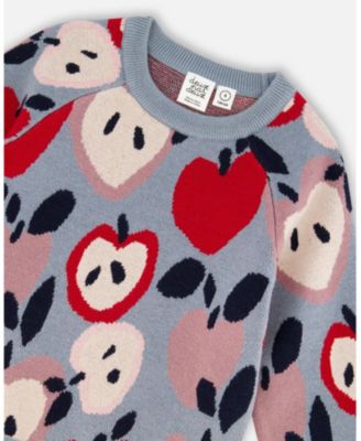 Girl Knit Sweater Blue and Red with Apple Heart Jacquard - Toddler|Child