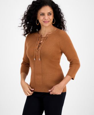 Women's Ribbed Lace-Up Sweater, Macy's Exclusive