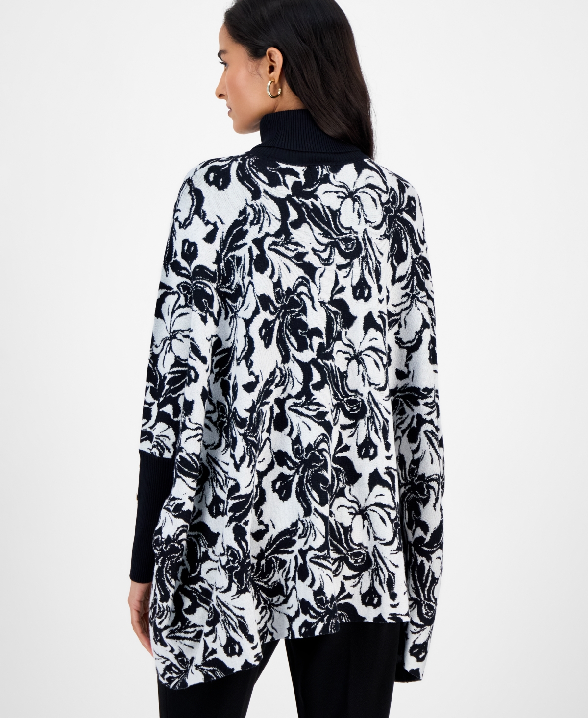 Jm Collection Women's Printed Turtleneck Poncho Sweater, Macy's Exclusive In Black