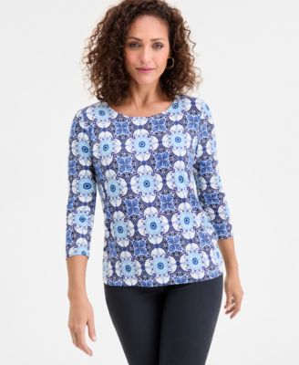 JM Collection - Women's Printed 3/4-Sleeve Scoop-Neck Top