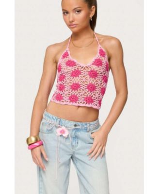 Womens Contrast Floral Crochet Halter Top