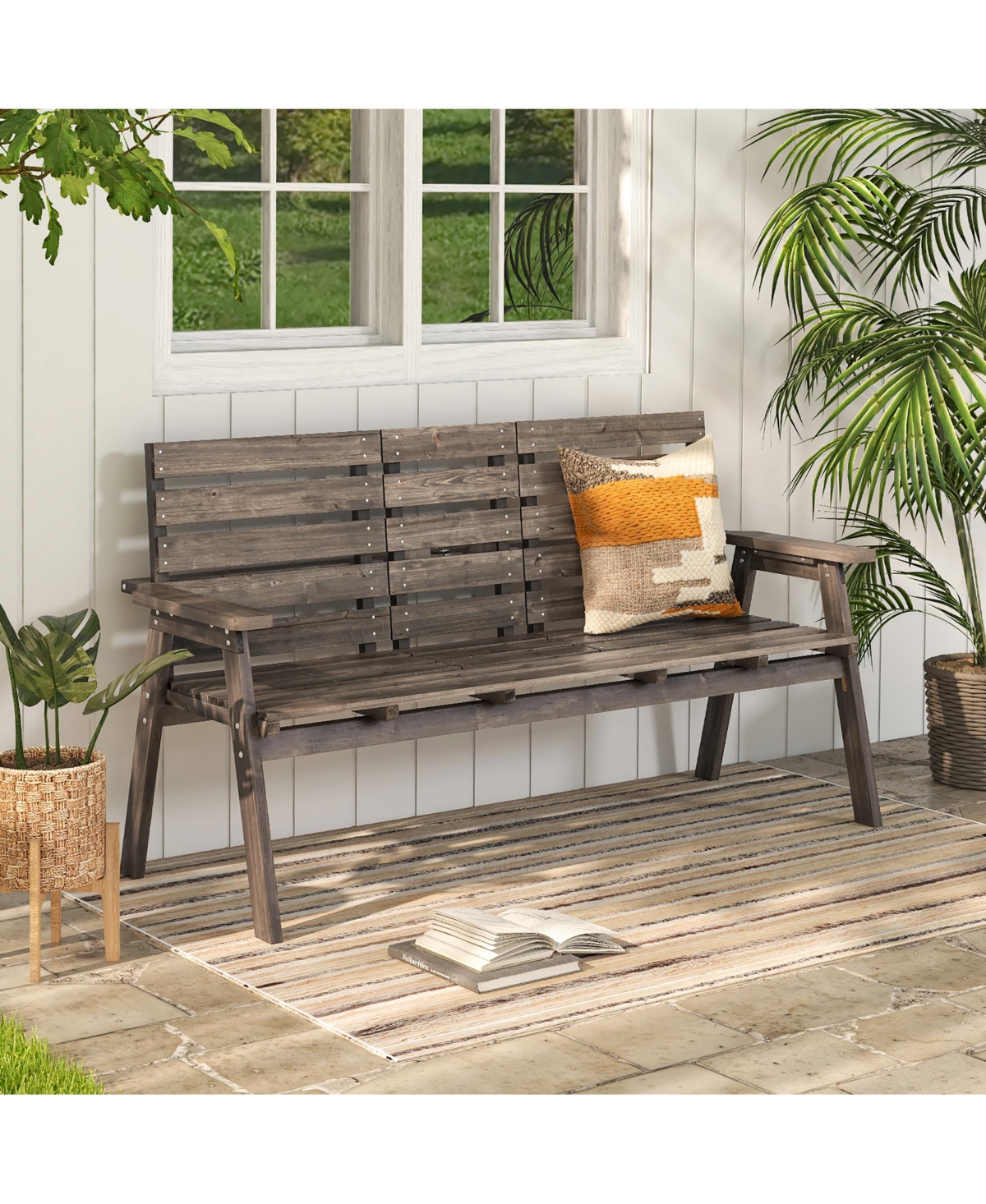 Gymax Outdoor Fir Wood Bench w/ Foldable Middle Table w/ Backrest & Armrests