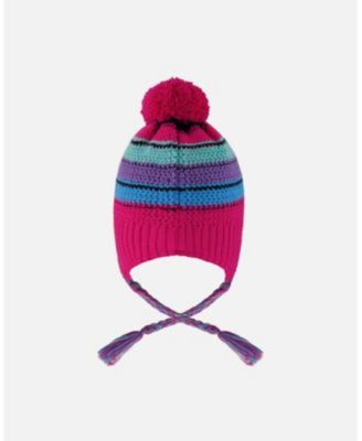 Girl Lined Peruvian Knit Pompom Hat Pink and Multicolor - Toddler|Child