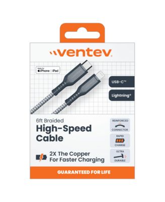 Ventev Braided USB C to Apple Lightning High Speed 6 Foot Cable-Gray