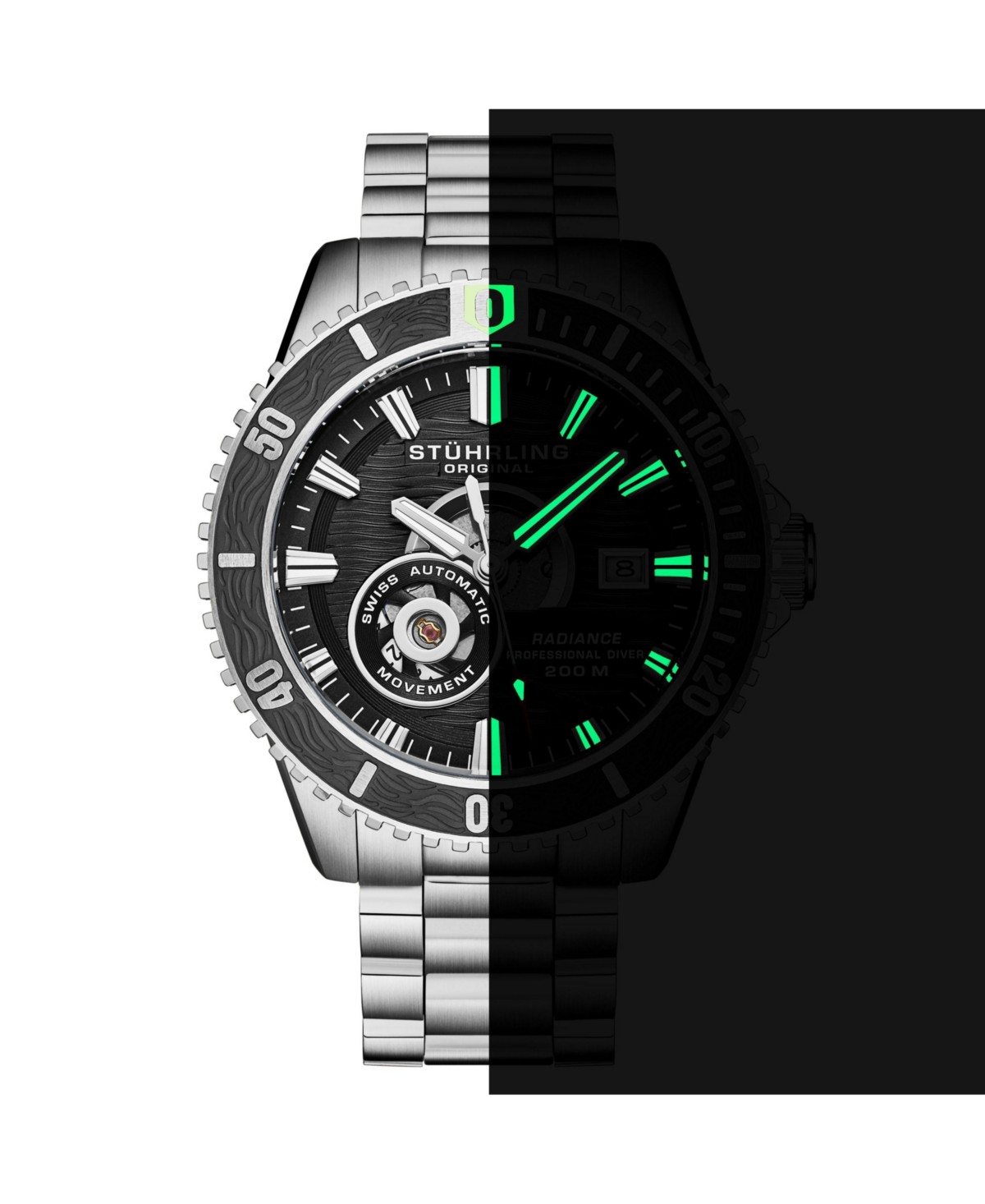 Мужские автоматические часы Stuhrling 1013, чёрный циферблат, стальной браслет, 200м — фото 4