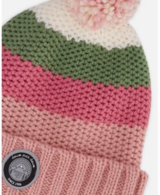 Girl Lined Knit Pompom Hat Pink and Green - Toddler|Child