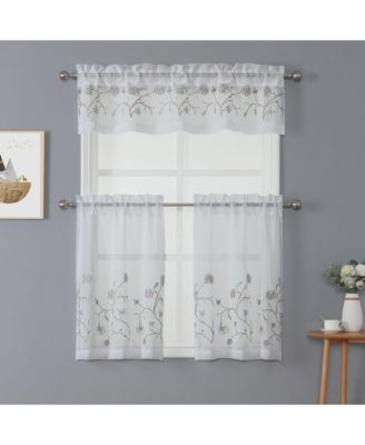 Complete 3 Piece Embroidered Shabby Floral Roses Sheer Cafe Kitchen Curtain Tier & Valance Set - Neutral/Linen