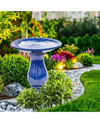 Daisy Embossed Bowl Ceramic Bird Bath with Glazed Finish - Blue - 21.5" H