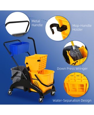2 x 6.9 Gallon/26L Wringer Bucket Cart w/ Side Press Wringer, Mop Holder
