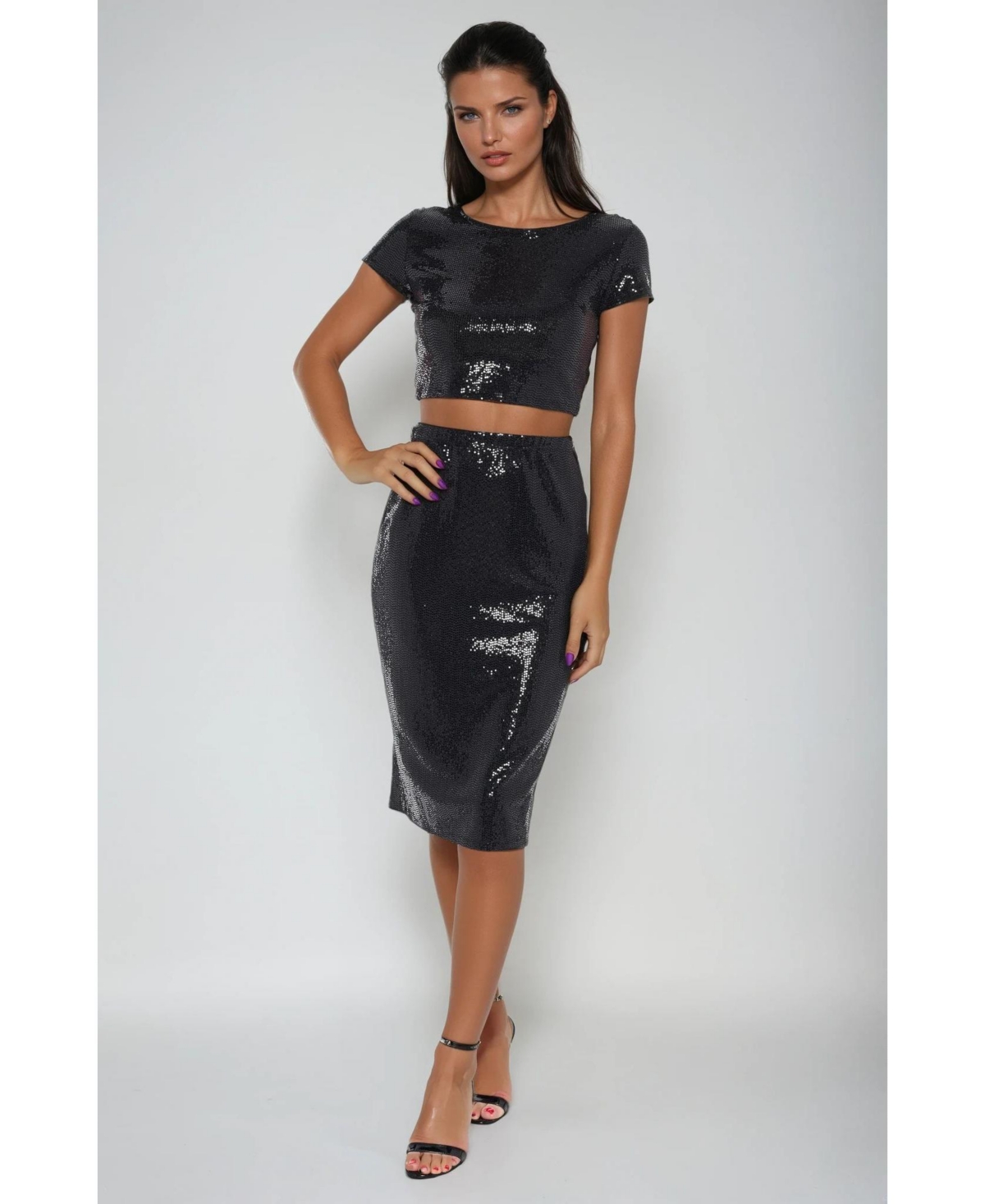 Women's Two Piece Disco Dot Top With Midi Skirt - Black