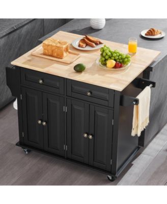 Mobile Kitchen Cart with Solid Wood Top, Storage Cabinet, Spice and Towel Rack