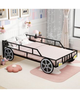Twin Car-Shaped Metal Bed Frame with Wheels Decorations Safety Guardrails