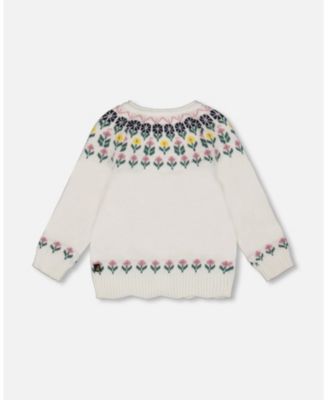Baby Girl Jacquard Knit Cardigan Off-White with Floral Pattern - Baby