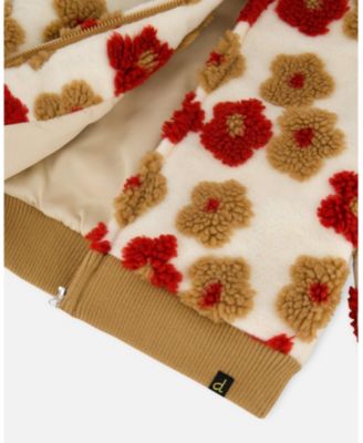 Girl Full Zip Sherpa Jacket with Jacquard Floral Pattern Beige and Red - Child
