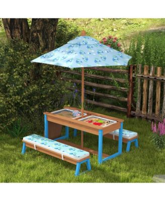 Kids Picnic Table, Wooden Table and Bench Set with Umbrella,