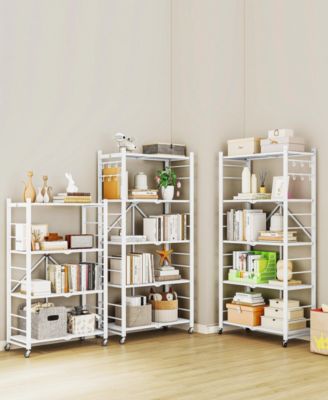 5-Tier Foldable Storage Shelves, Metal Storage Rack with Wheels and Hooks