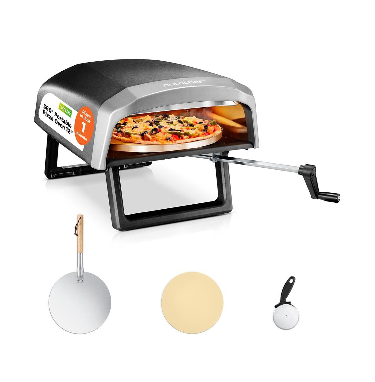 NutriChef Portable Pizza Oven with Rotating Pizza Stone, Rain Cover, Regulator, and Hose – Suitable for Outdoor & Indoor Use (Black)