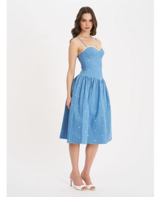 Women's Zadie Cotton Denim Drop Waist Embroidery Flower Midi Dress