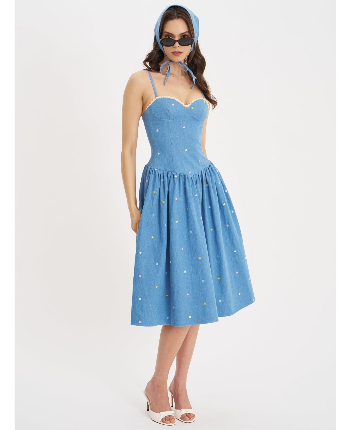 Women's Zadie Cotton Denim Drop Waist Embroidery Flower Midi Dress - Denim blue