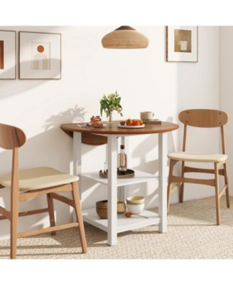 Folding Drop-Leaf Round Dining Table with 2 Shelves