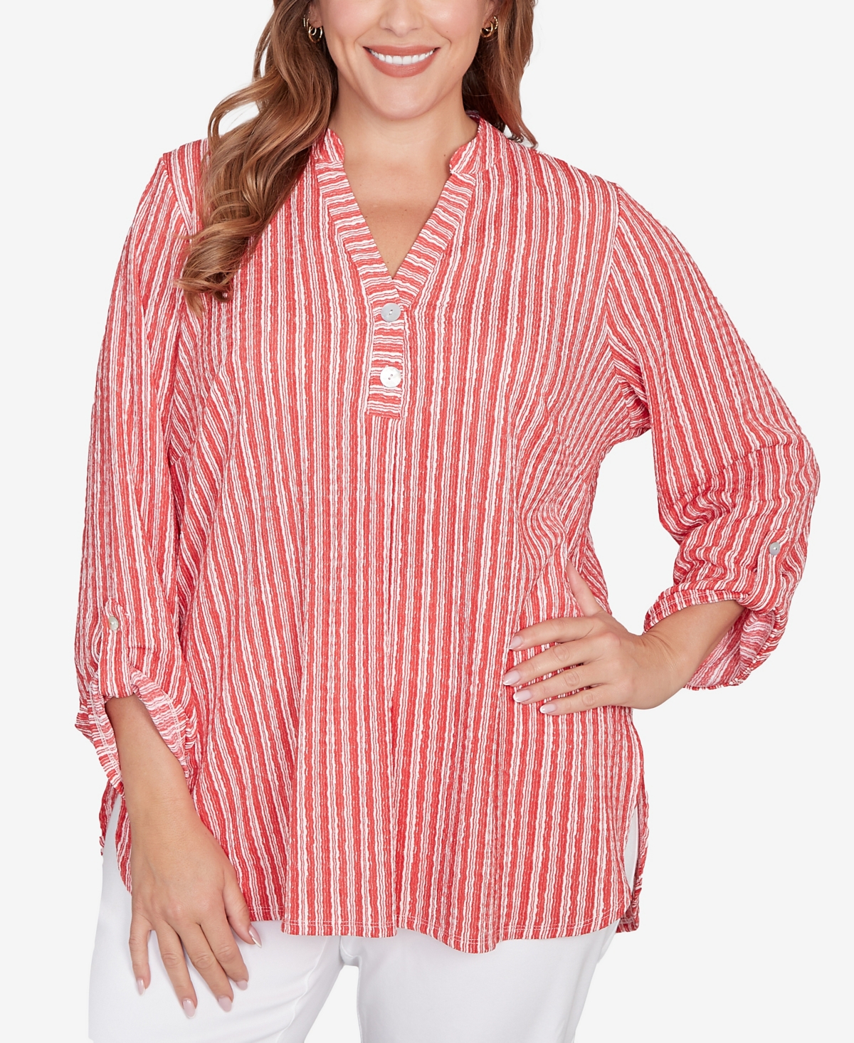 Plus Size Crinkle Knit Striped Henley Top - Navy Multi