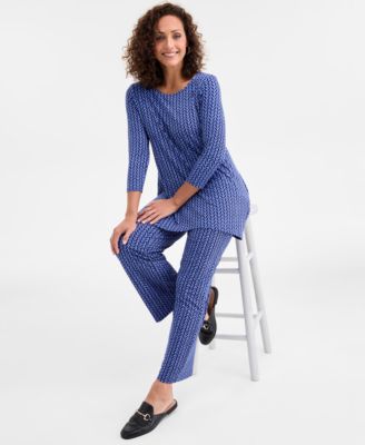 Jm Collection Womens Emma Printed 3 4 Sleeve Swing Tunic Emma Printed Wide Leg Pants Macys Exclusive In Blue