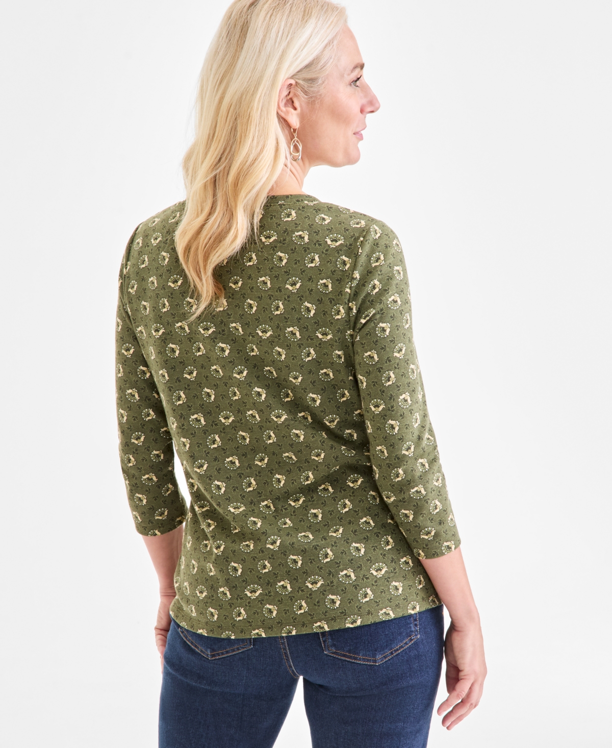 Style & Co Women's Printed 3/4-sleeve Henley Top, Macy's Exclusive In Green
