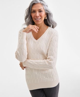 Style & Co - Women's Cotton Cable-Knit V-Neck Sweater