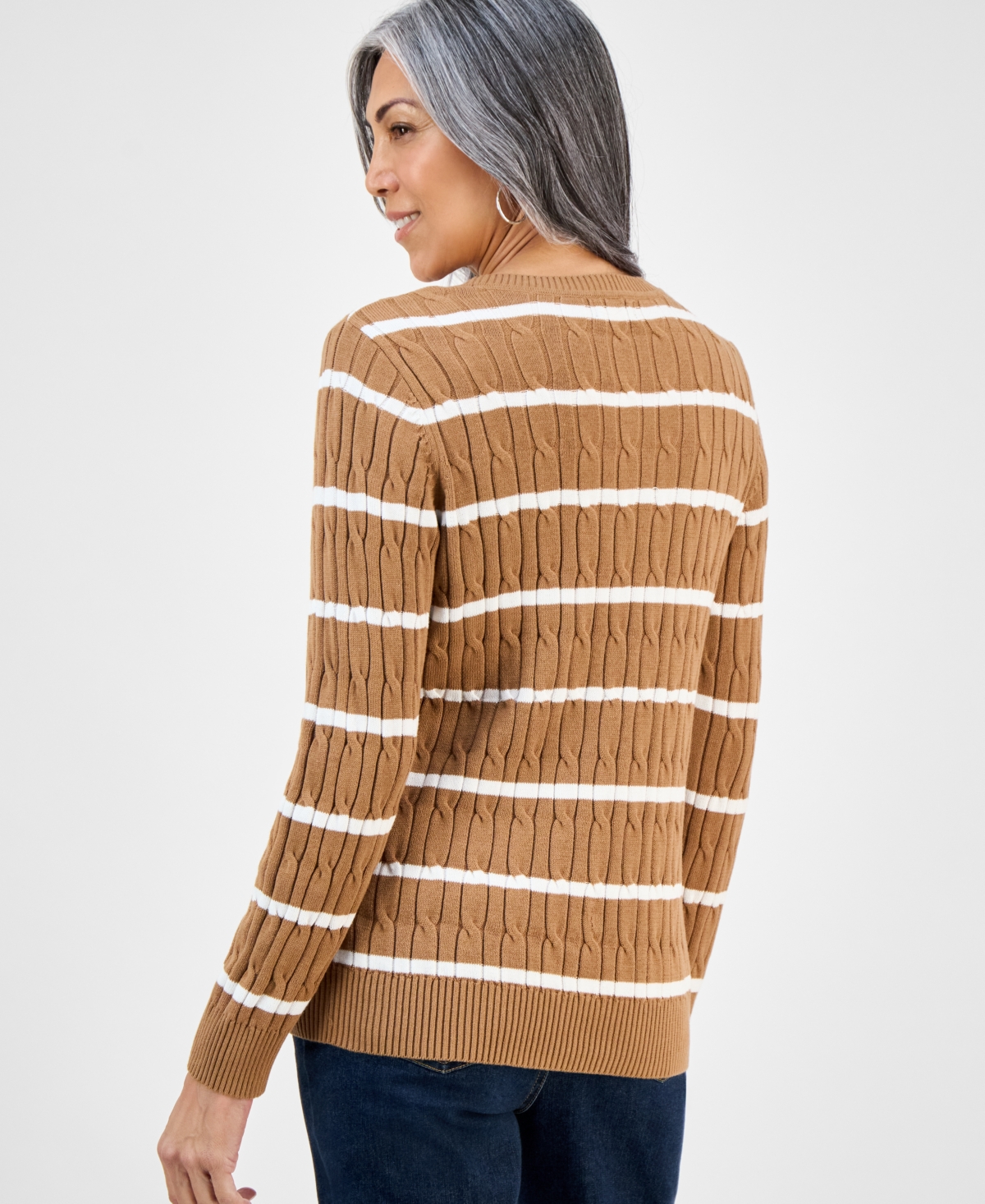 Style & Co Women's Cotton Striped Cable-knit Sweater, Macy's Exclusive In Brown
