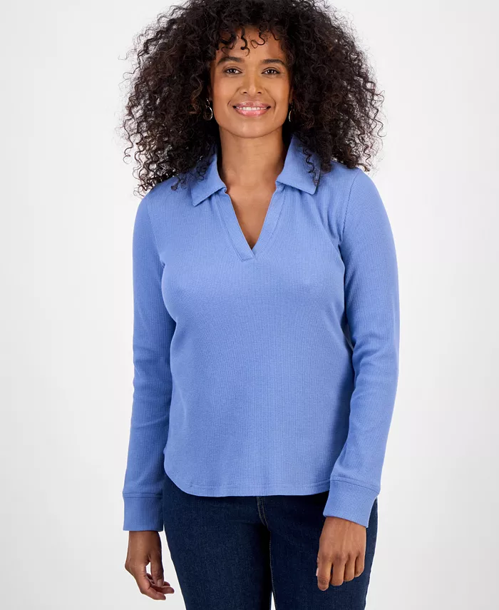 Women's Waffle-Knit Long-Sleeve Polo Top - thumbnail 7