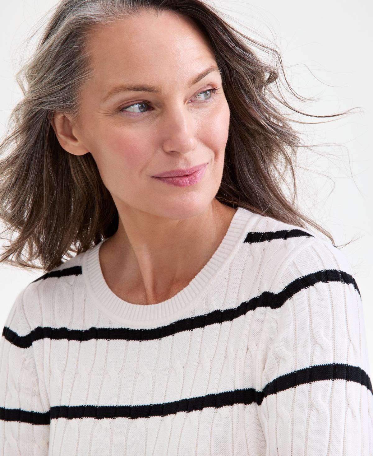 Style & Co Women's Cotton Striped Cable-knit Sweater, Macy's Exclusive In White