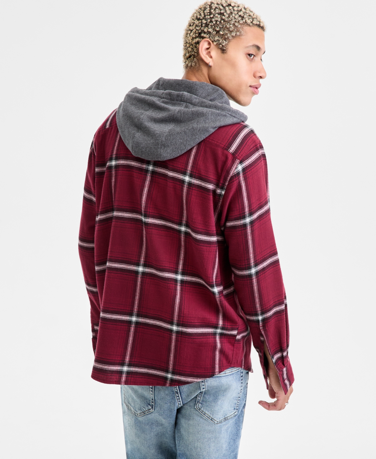 Sun + Stone Men's Bird Layered-Look Hooded Cotton Flannel Plaid Shirt, Macy's Exclusive