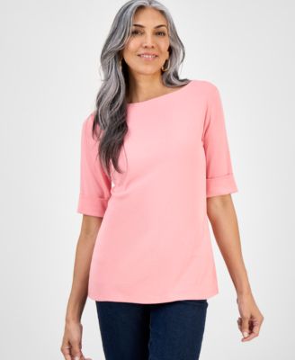 Women's Boat-Neck Elbow Sleeve Cotton Top, PXS-4X, Exclusively at Macy's
