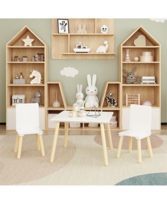 Kids Table and 2 Chairs Set, 3 Pieces Toddler Table and Chair Set, Wooden Activity Play Table Set (White)