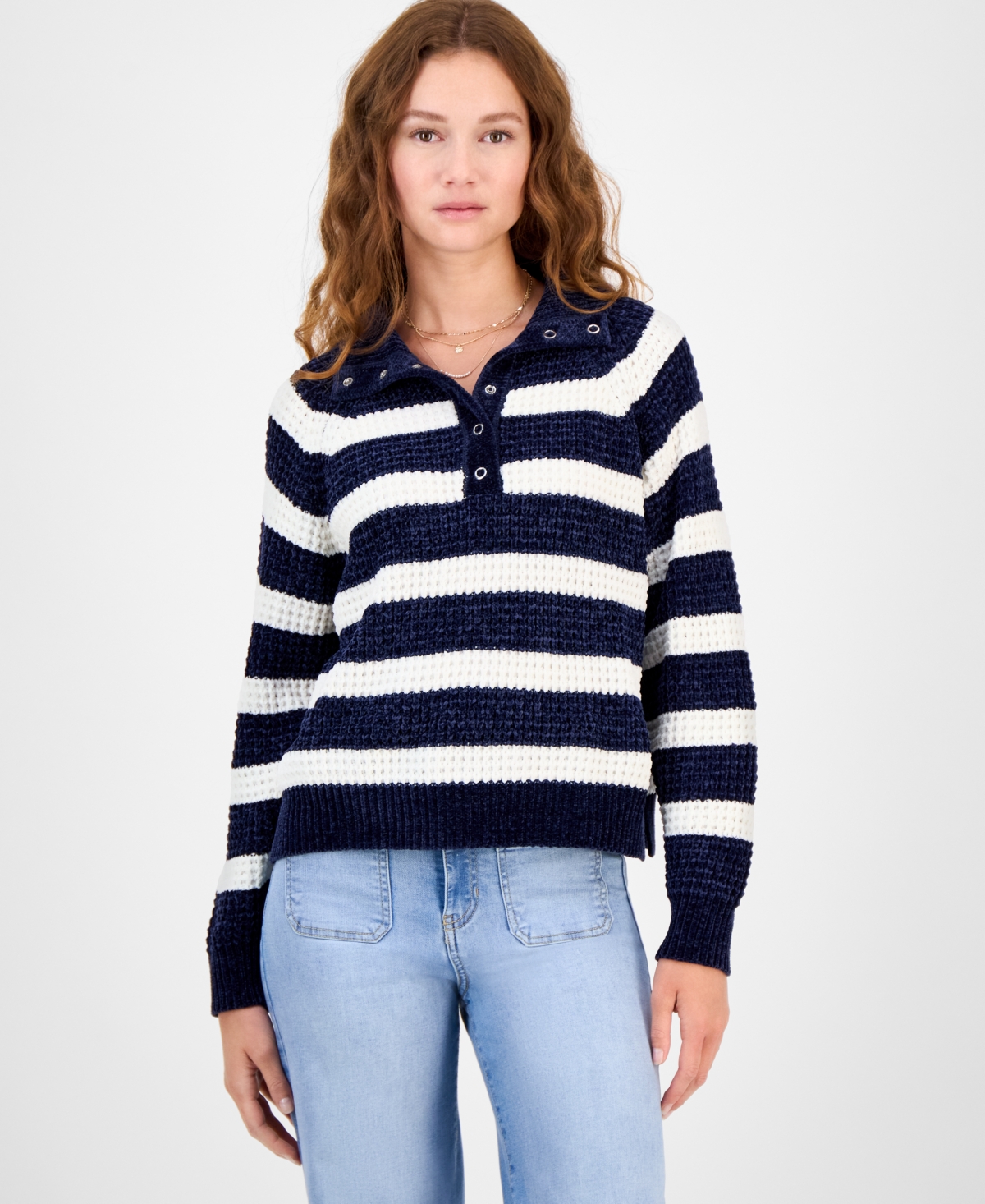 Ultra Flirt Juniors' Snap-front Chenille Long-sleeve Sweater In Blue