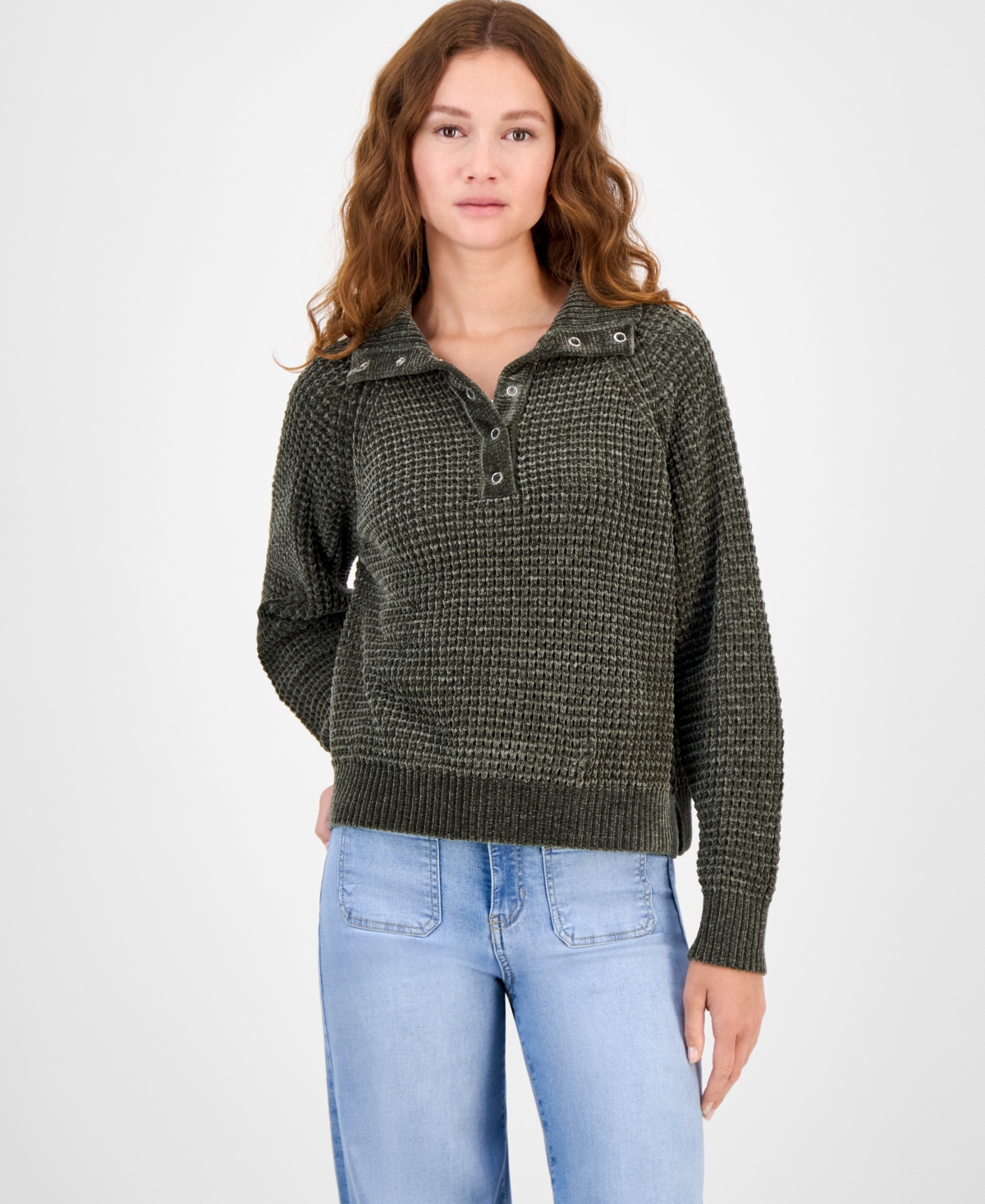 Ultra Flirt Juniors' Snap-Front Chenille Long-Sleeve Sweater