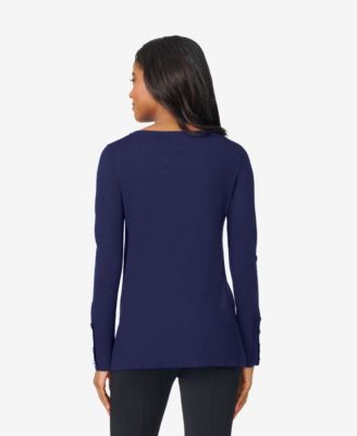 Women's Fine Gauge Boat-Neck Buttoned-Cuff Sweater