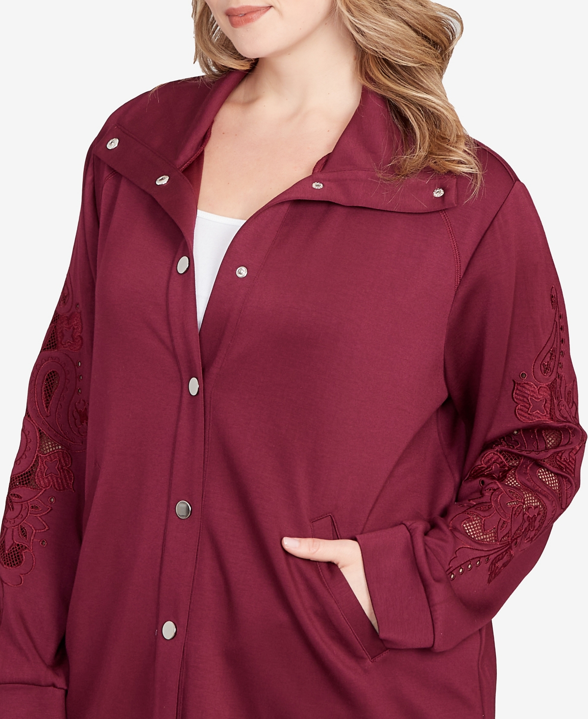Ruby Rd. Plus Size Embroidered Floral Cutout Snap Jacket In Purple