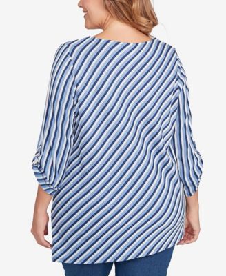 Plus Size Textured Stripe Roll Tab Sleeve Top