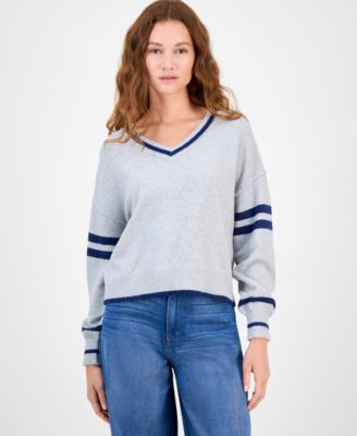 Freshman - Juniors' V-Neck Long-Sleeve Contrast-Stripe Sweater