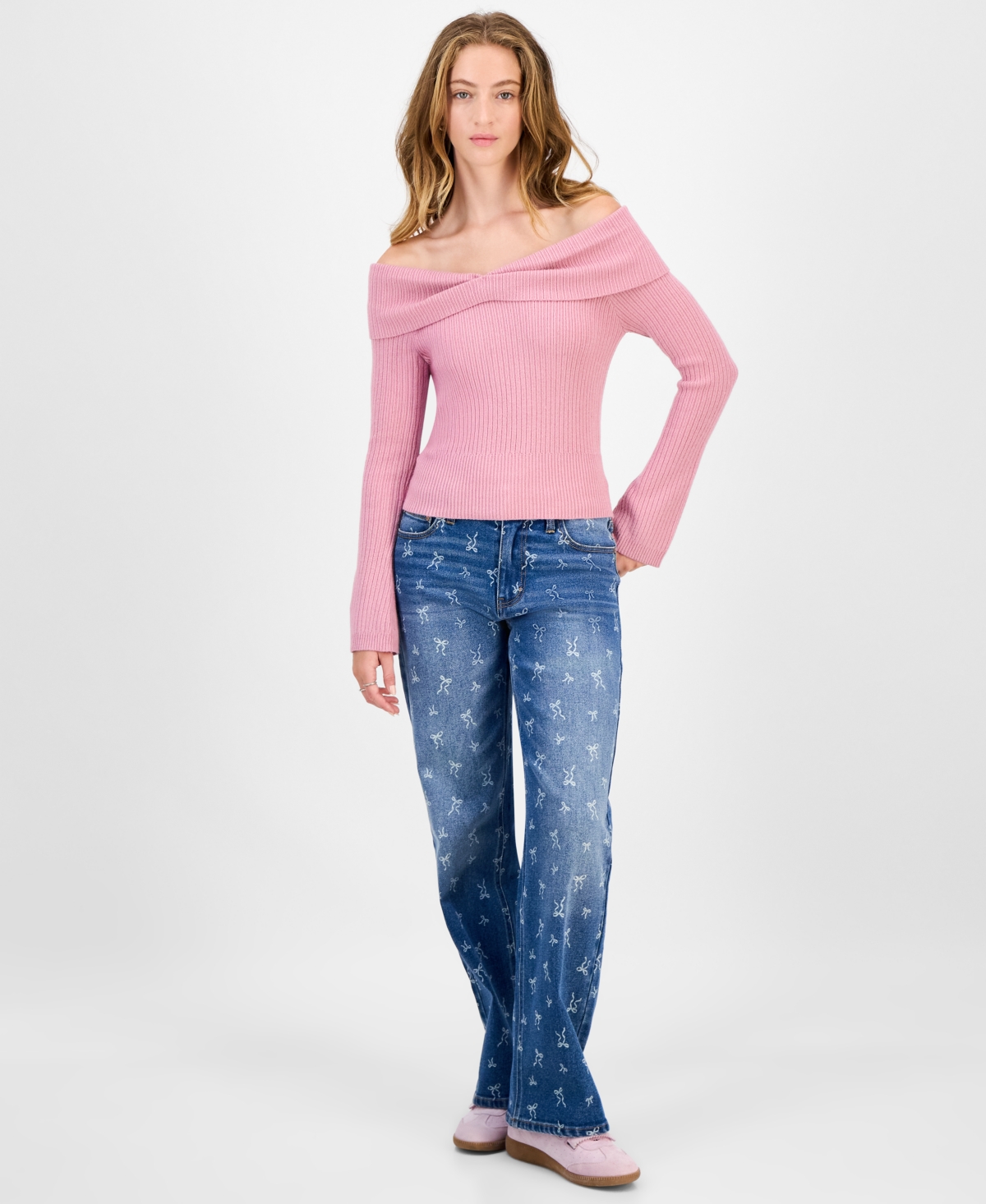 Hooked Up By Iot Juniors' Off-the-shoulder Sweater In Purple