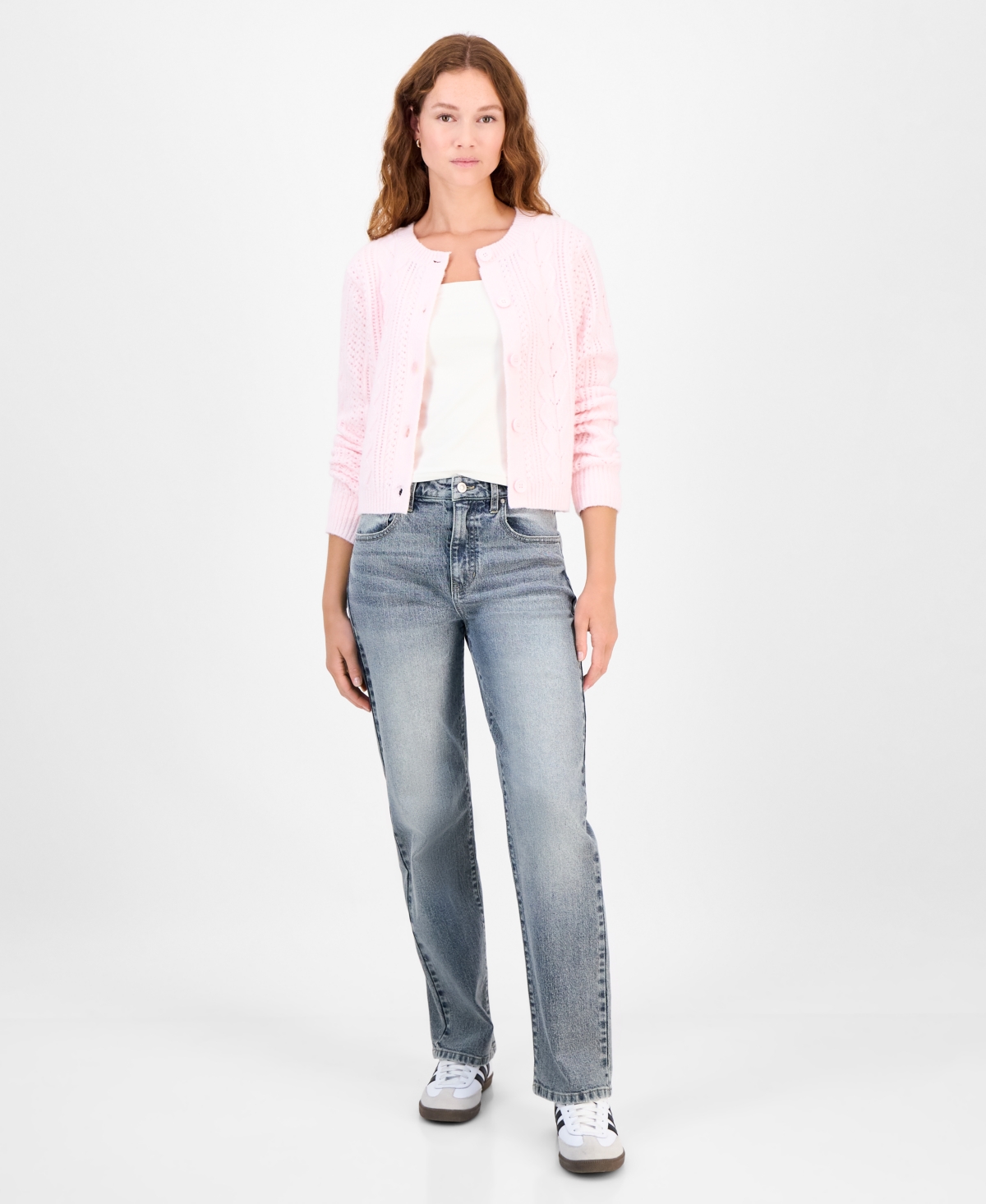 Hippie Rose Juniors' Cable-knit Button-front Lady Cardigan In Pink