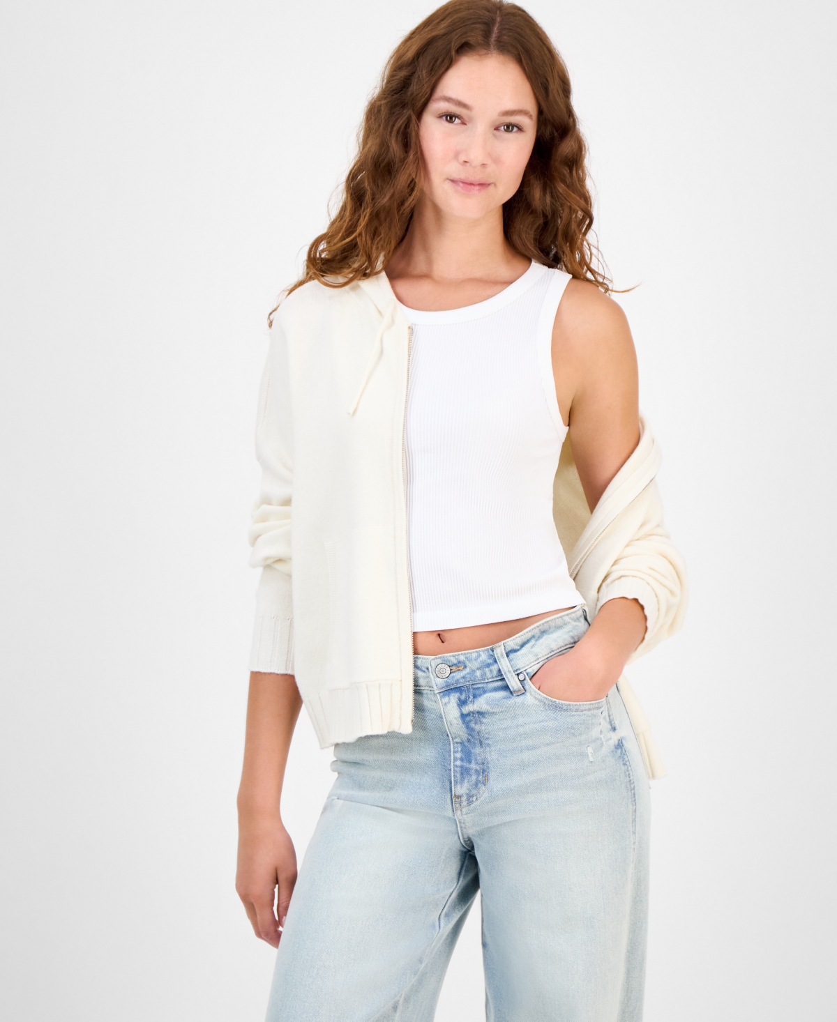 Hippie Rose Juniors' Mossy Zip-up Sweater Hoodie In Neutral