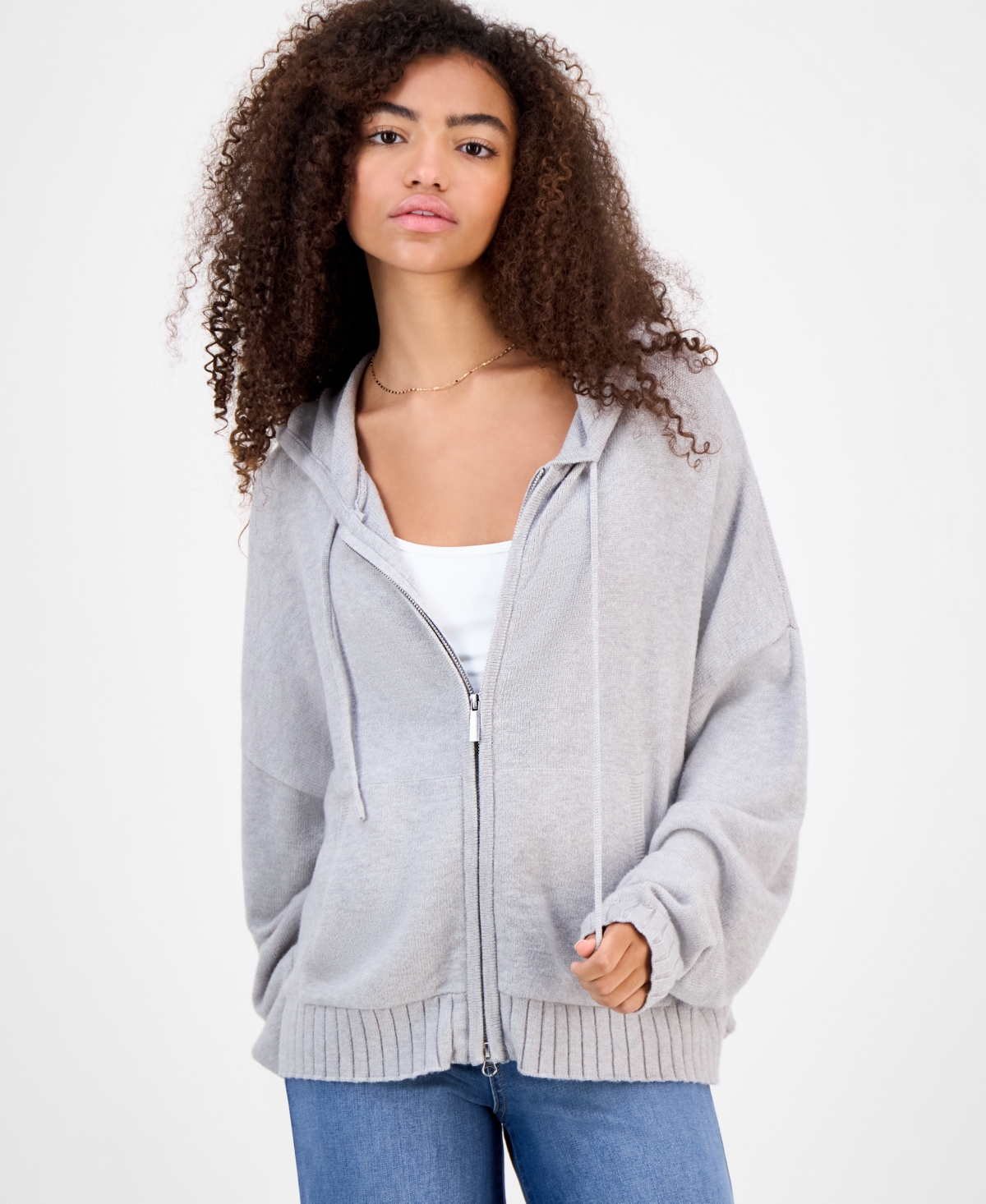 Hippie Rose Juniors' Mossy Zip-up Sweater Hoodie In Gray