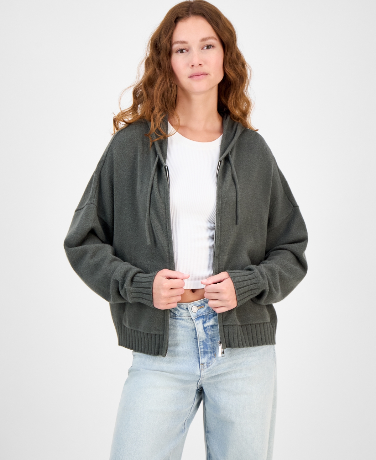 Hippie Rose Juniors' Mossy Zip-up Sweater Hoodie In Gray
