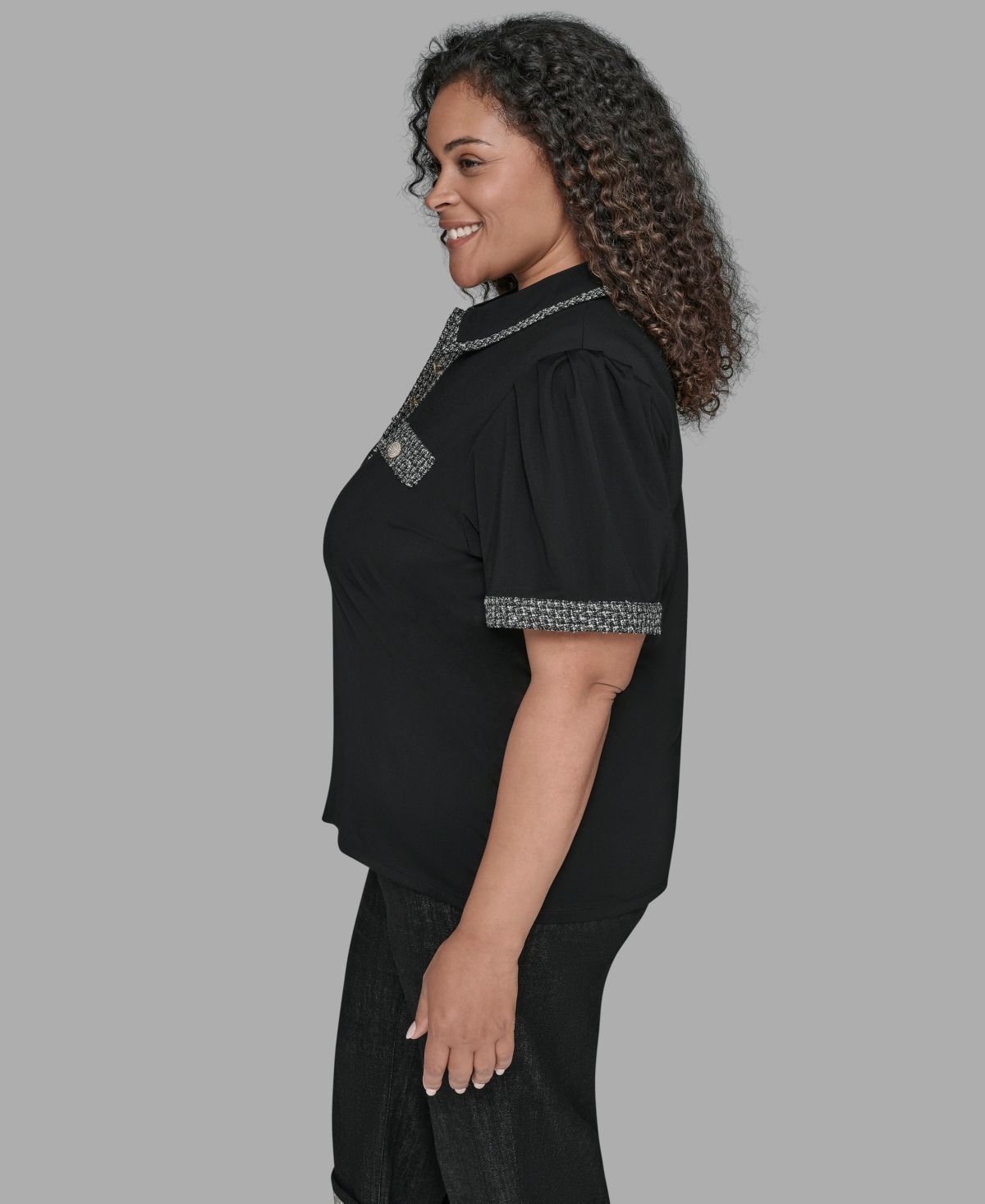Karl Lagerfeld Karl Lagerfield Paris Plus Size Short Sleeves Tweed Trim Knit Top In Black