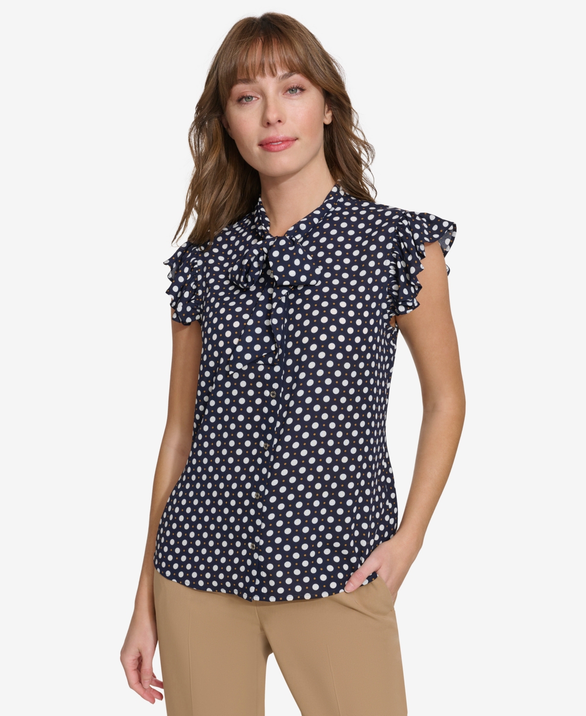 Tommy Hilfiger Women's Double Dot Ruffle Sleeve Bow Blouse In Blue