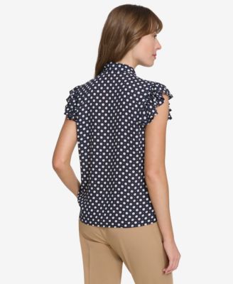 Women's Double Dot Ruffle Sleeve Bow Blouse
